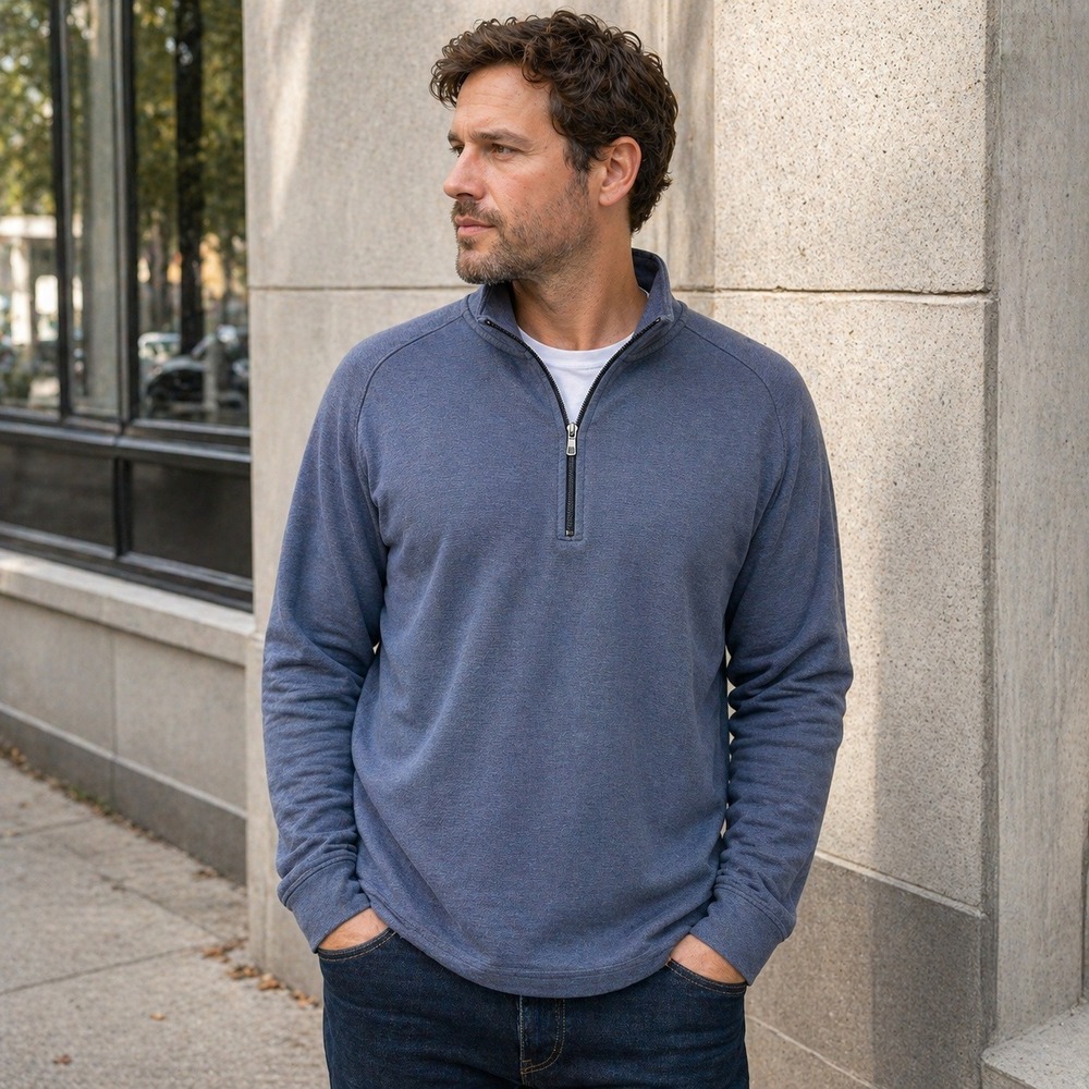 Robert Barakett Quarter Zip Pullover Blue Gray‎ Cotton Casual XXL